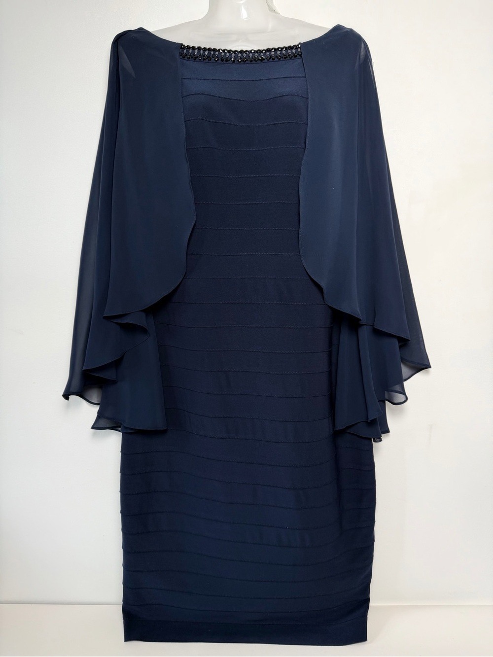 Adrianna Papell Navy Blue Chiffon Banded Dress Beaded Women 12 Wedding guest